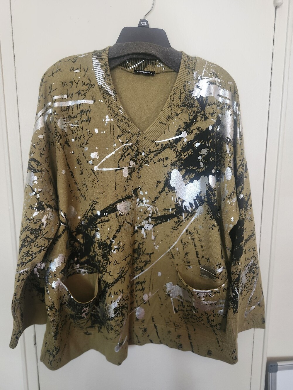 V-Neck Olive Green Graphic Paint-Splash Sweater